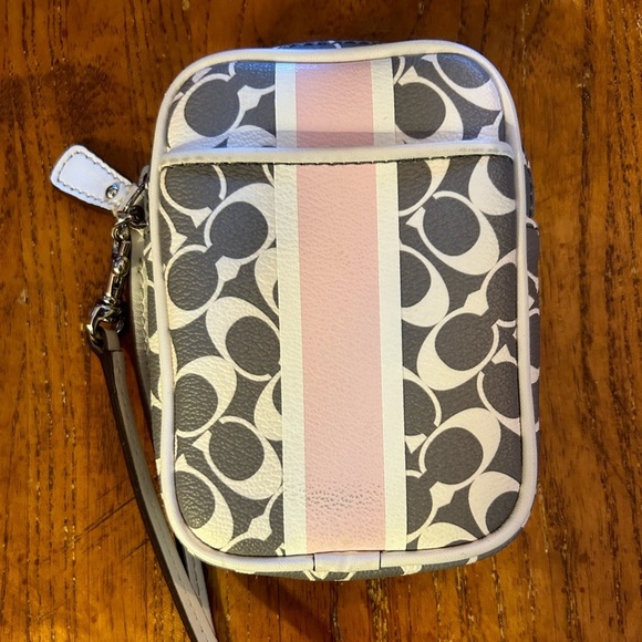 Coach Handbags - Coach Small Wristlet Gray & White w/ Pink Stripe NWOT!!